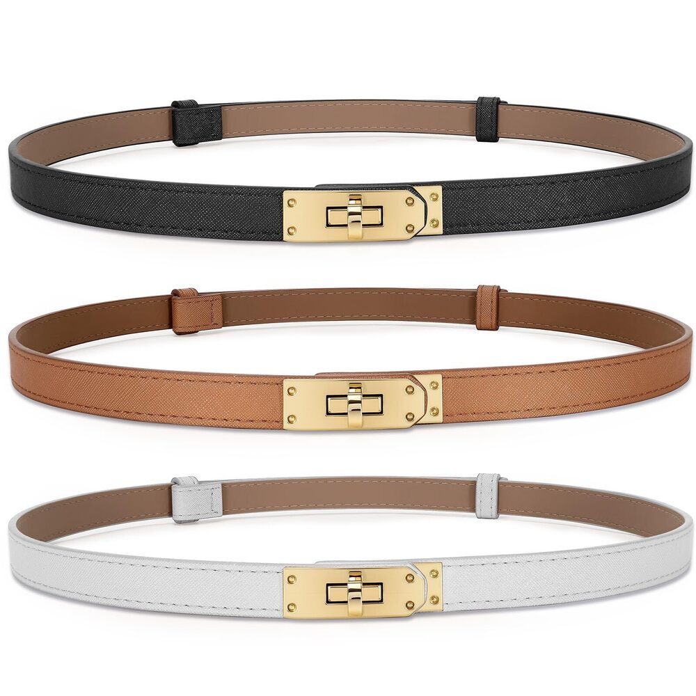 9632 3 Pack Women Skinny Leather Belt With Turn-lock Buckle Adjustable